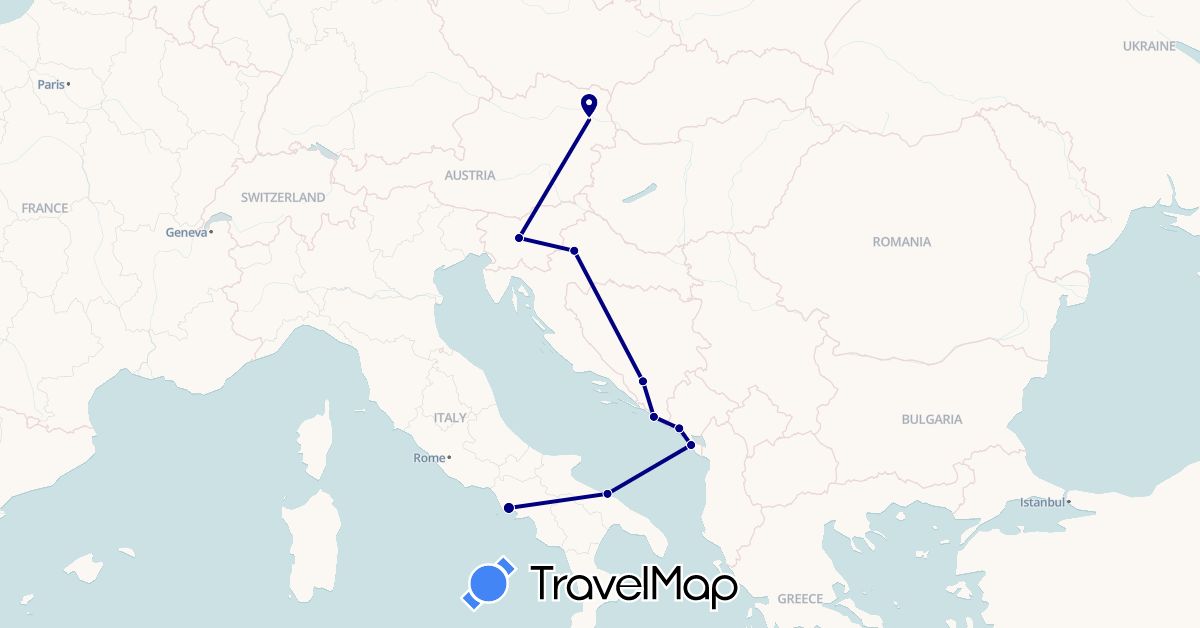 TravelMap itinerary: driving in Austria, Bosnia and Herzegovina, Croatia, Italy, Montenegro, Slovenia (Europe)