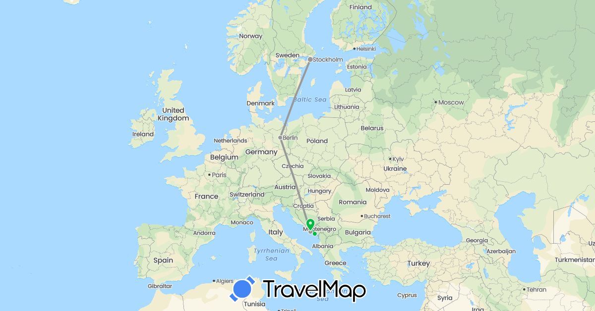 TravelMap itinerary: driving, bus, plane in Bosnia and Herzegovina, Germany, Croatia, Montenegro, Sweden (Europe)
