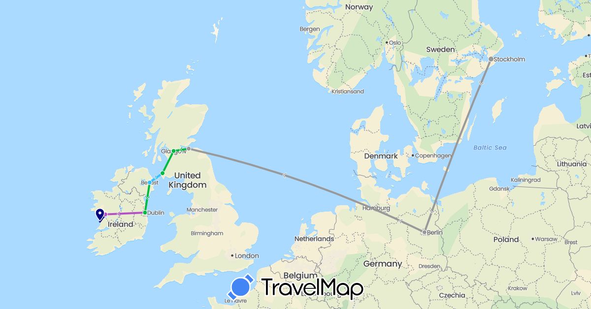 TravelMap itinerary: driving, bus, plane, train, boat in Germany, United Kingdom, Ireland, Sweden (Europe)